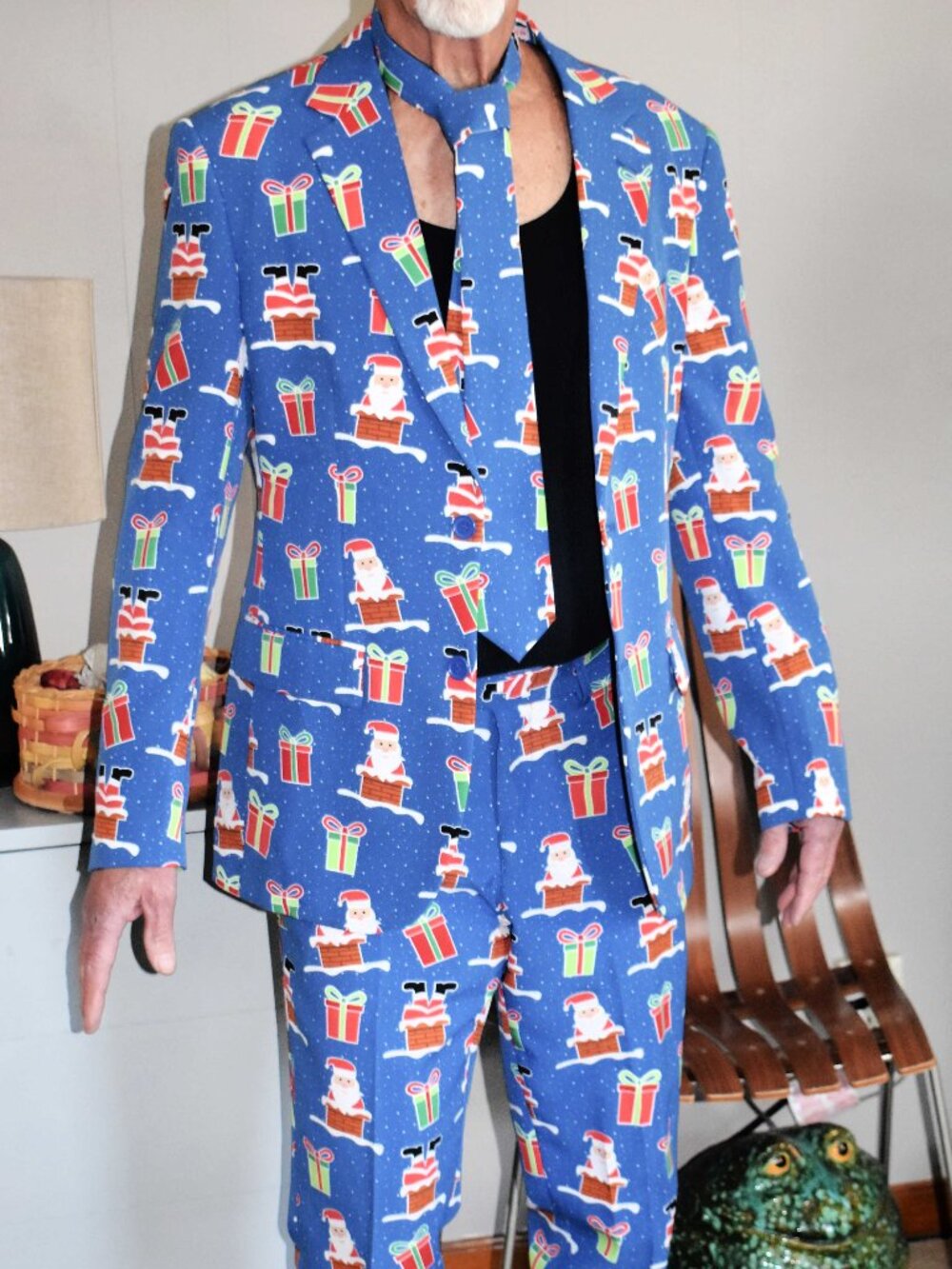 Men's OppoSuit, Blue 3 Piece Christmas Suit, Size 38, Jacket Pants Tie